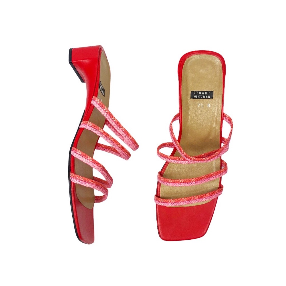 Stuart Weitzman Red Raffia Strappy Slides
